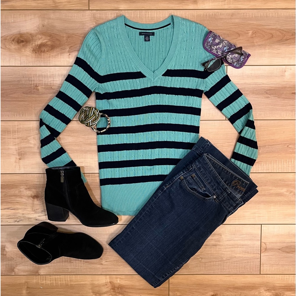 EUC Tommy Hilfiger Striped V-Neck Sweater Size Medium